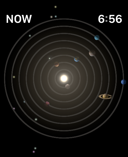 Apple Watch Astronomy face set to the Solar System view, with the screen tapped to hide the main time and complications to show the solar system more clearly