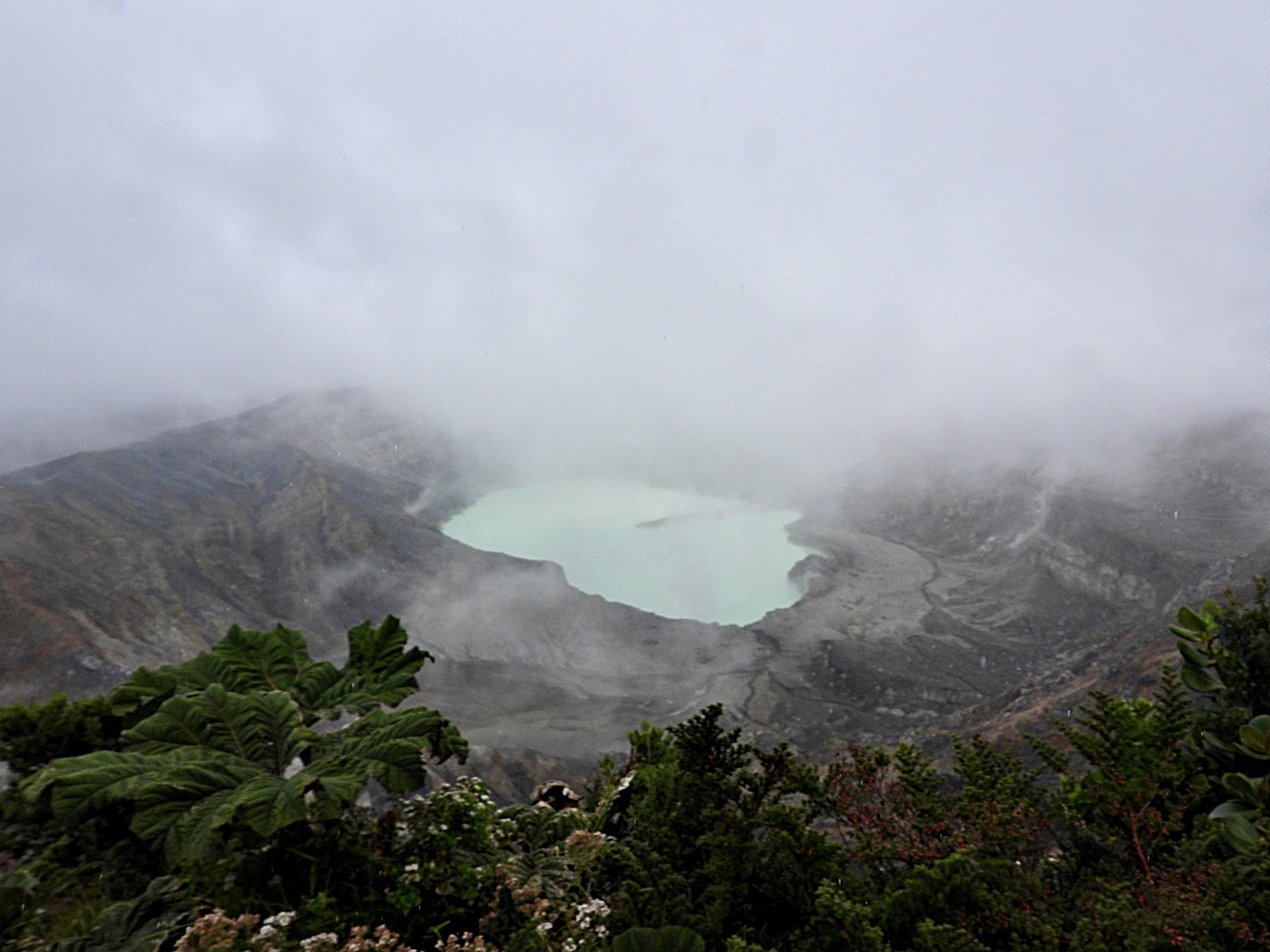 A volcanic crater nearly covered in clouds, rimmed by tropical vegetation.