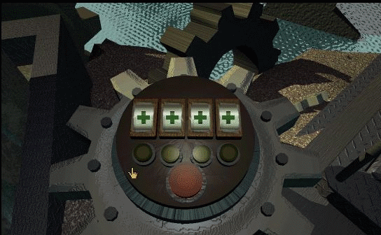 An animation from the game Myst showing a control panel with four displays showing different green glyphs. The first one is scrolling through them as the cursor clicks the button below; the others are showing a + symbol.