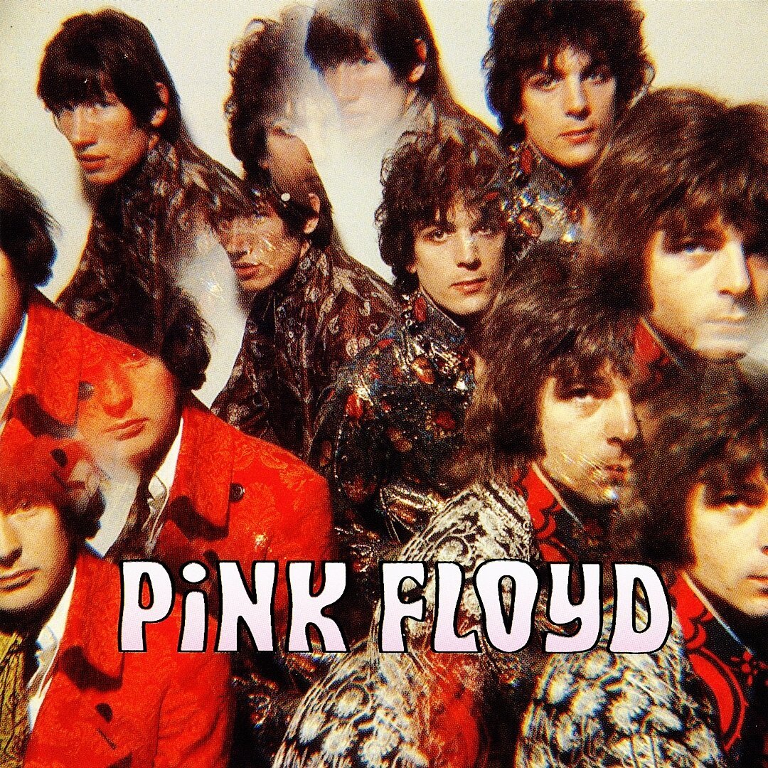 The cover of the album Piper at the Gates of Dawn by Pink Floyd, with the members of the band dressed in suits of black, red, white, and silver, shown in kaleidoscope with their faces and torsos overlapping