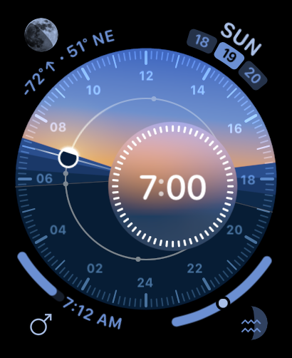 Apple Watch Solar Dial face with the stock date complication and three other astronomical/astrological complications