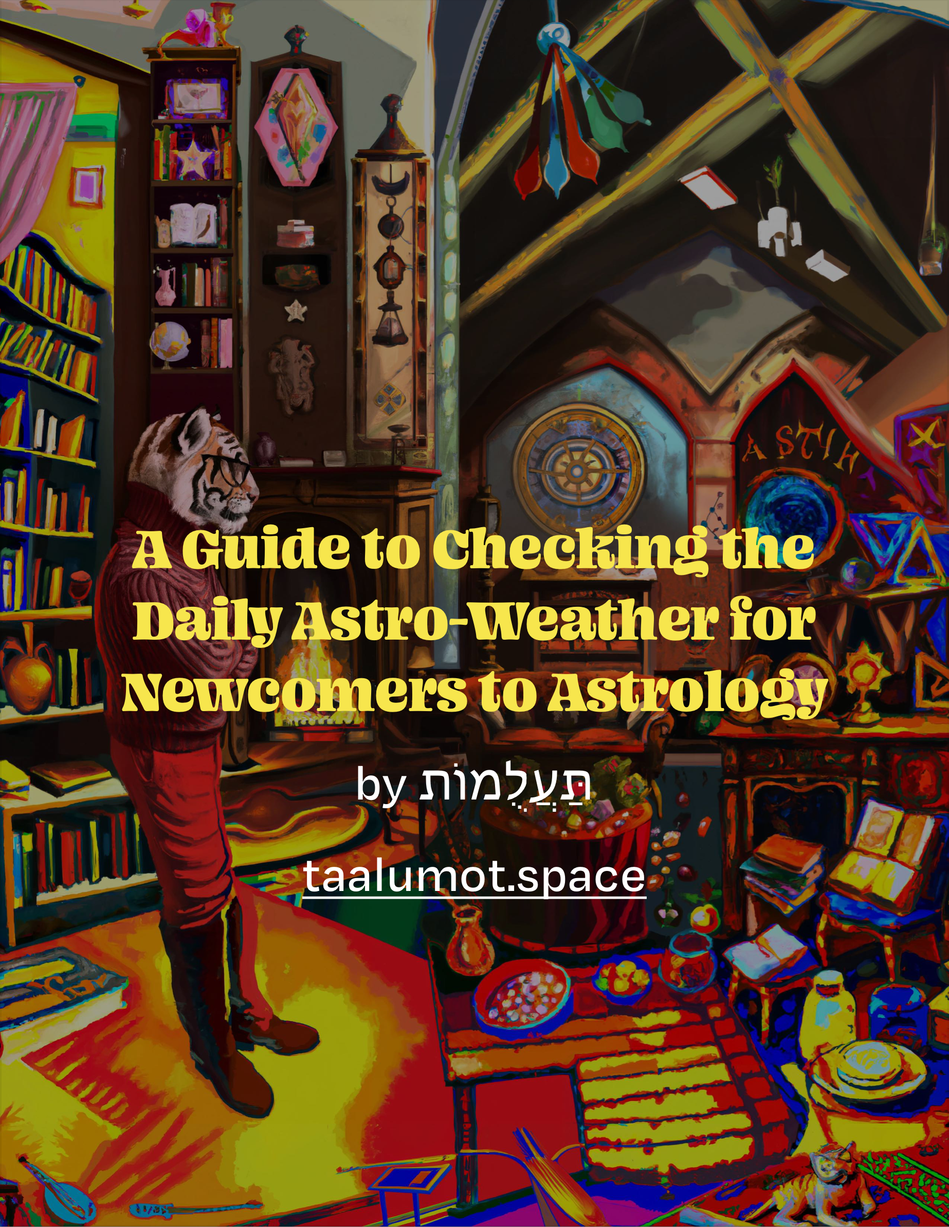 Cover of A Guide to Checking the Daily Astro-Weather for Newcomers to Astrology by תַּעֲלֻמוֹת, which shows a humanoid tiger (not a furry) in his sprawling living room full of books and treats and magical objects with a roaring fire in the fireplace.