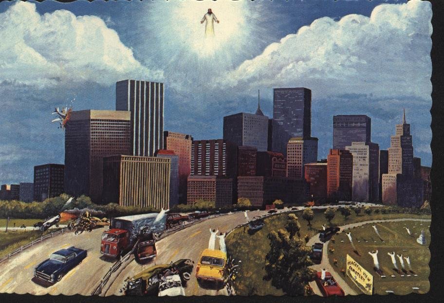 A folk-art painting of a Christian-style rapture arriving in a medium-sized city, with cars and planes crashing and the white-robed souls of the faithful ascending past the skyline to a radiant figure, presumably Jesus, in the sky above the clouds.