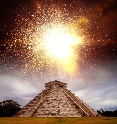 A photograph of the Mayan step pyramid at Chichen Itza with some sort of sparkly explosion in outer space above it
