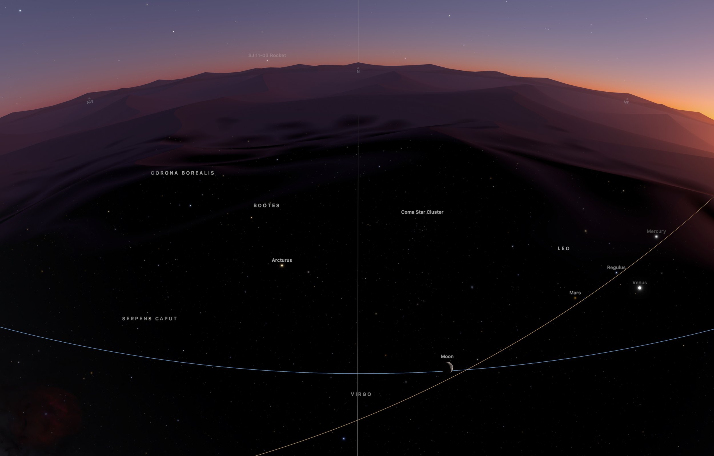 Screenshot of astronomy program facing north showing the Moon, Mars, Venus, and Mercury below the ground with the Moon just past the IC