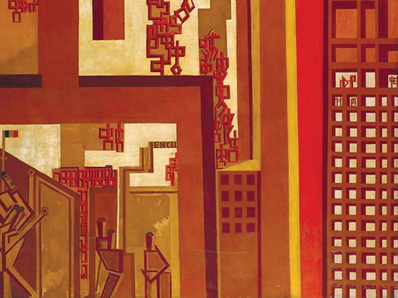 An abstract, blocky painting of an alienated industrial cityscape rendered in shades of red, yellow, and brown