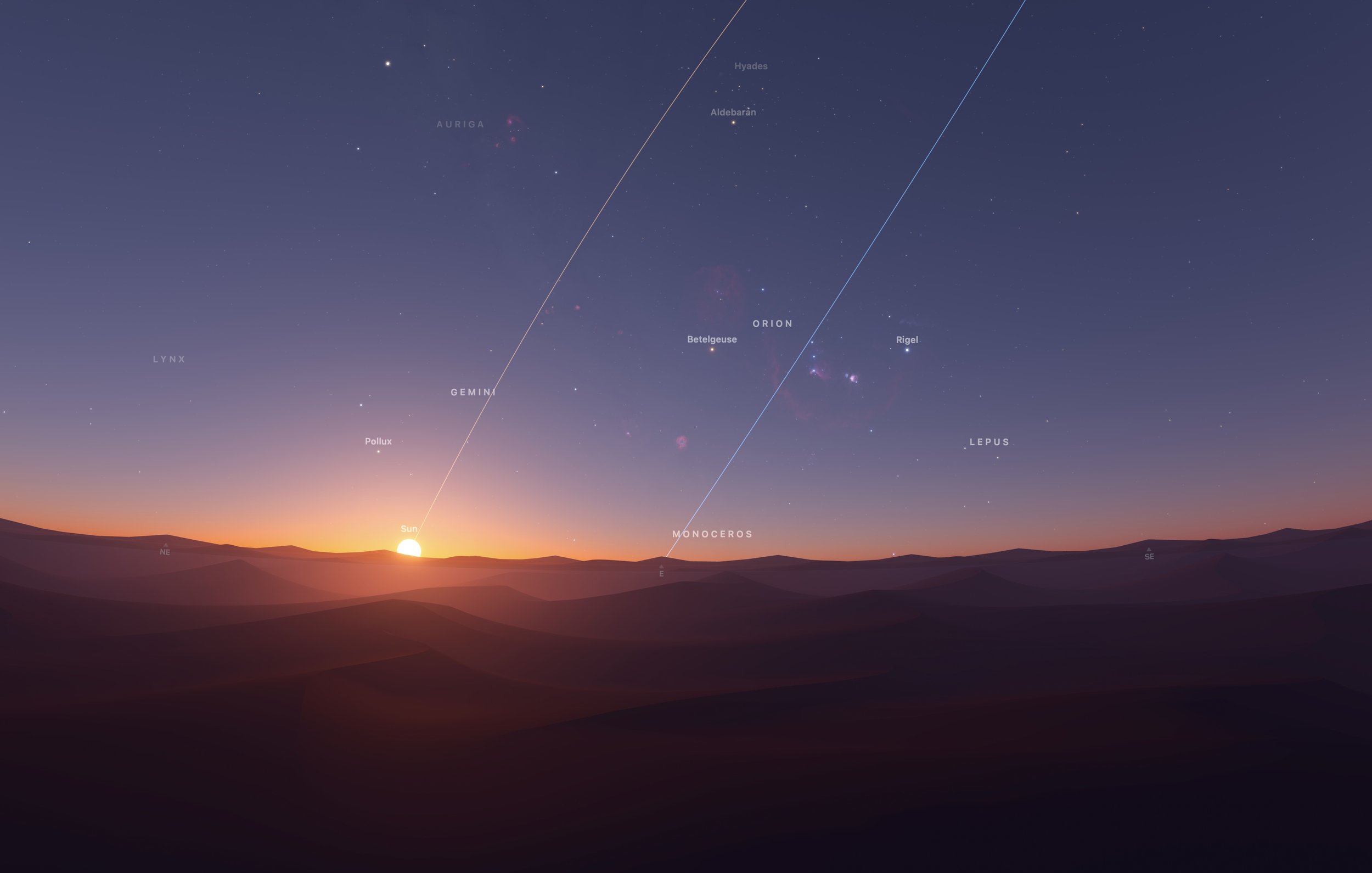 Screenshot of astronomy program showing the Sun rising in the east near the star Pollux and the constellation Gemini