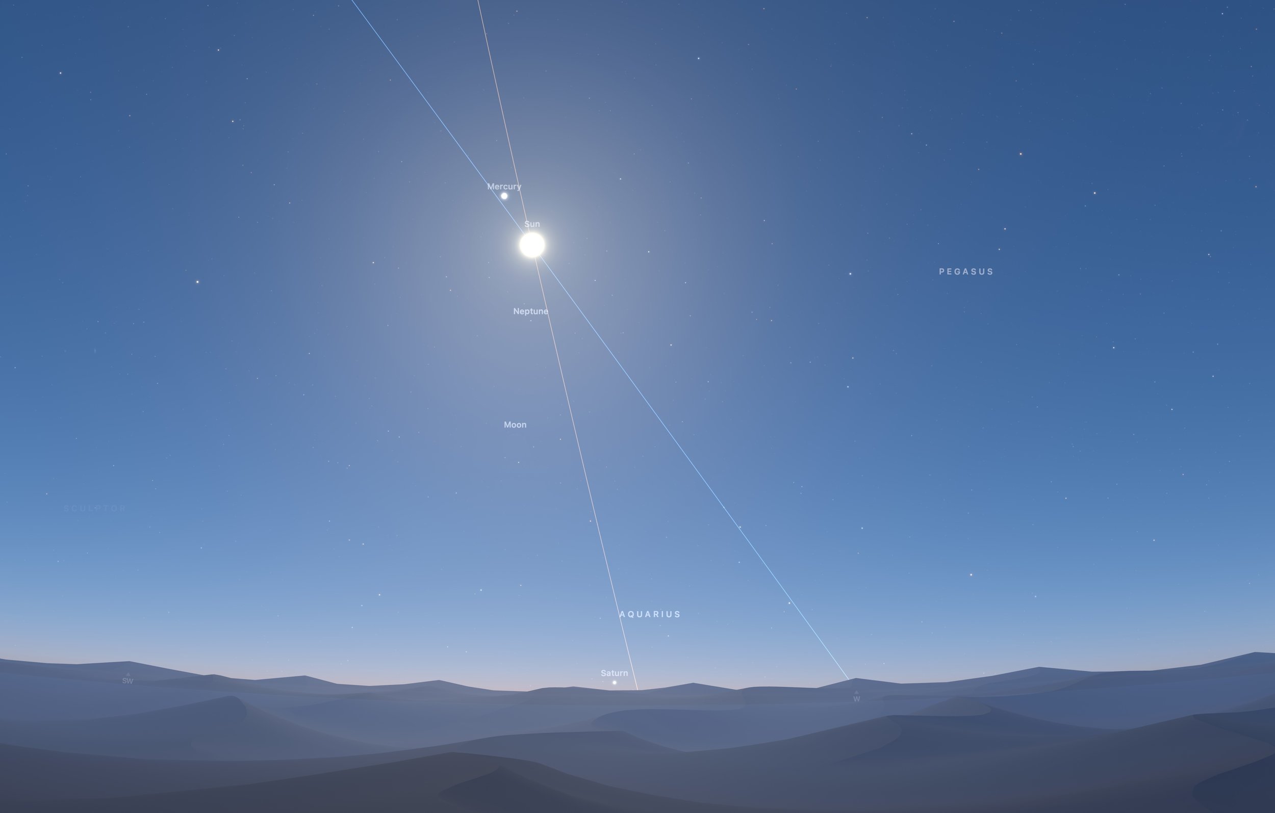 Screenshot of astronomy software facing west in the late afternoon at the exact moment of the 2023 spring equinox in the northern hemisphere