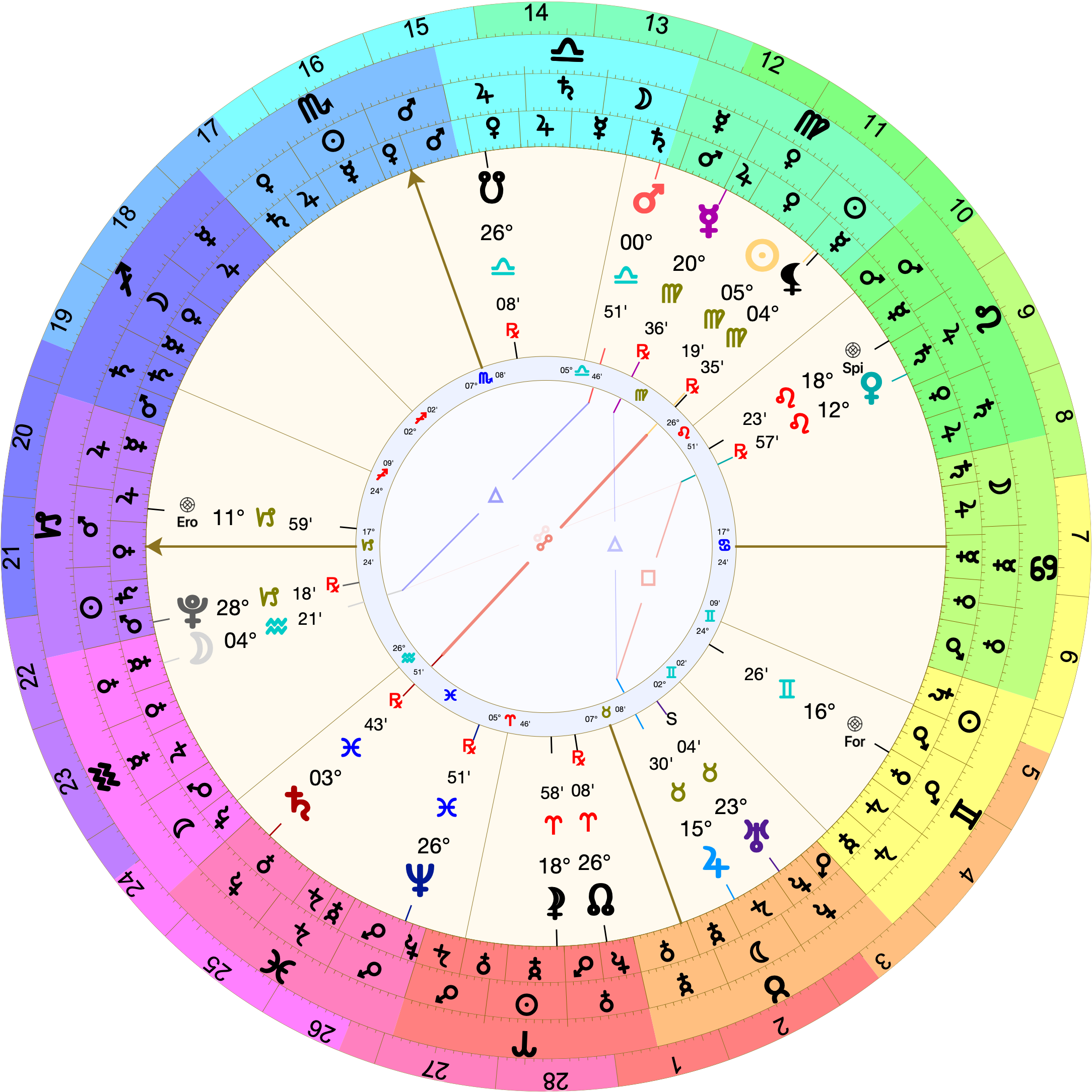 Astrological chart (Placidus houses) with 17º Capricorn rising. Saturn is in the 2nd at 3º Pisces moving retrograde. The Moon is in the 1st at 4º Aquarius. The Sun is in the 8th at 5º Virgo. Venus is in the 7th at 12º Leo.