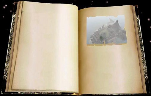 A screenshot from the game Myst showing a linking book open to the page linking to the island of Myst