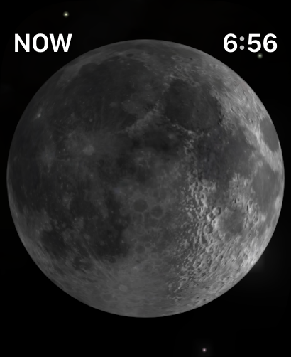 Apple Watch Astronomy face set to the Moon view, with the screen tapped to hide the main time and complications to show the Moon more clearly