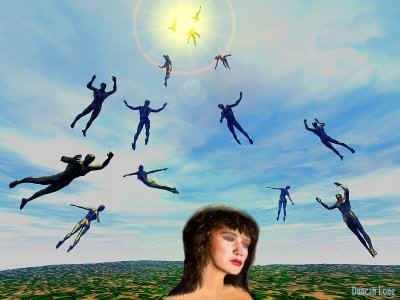 A folk art painting of silhouetted humanoids ascending from a flat green plane into a bright point in the sky, with the face of a white woman in the foreground with a weirdly blase expression on her face