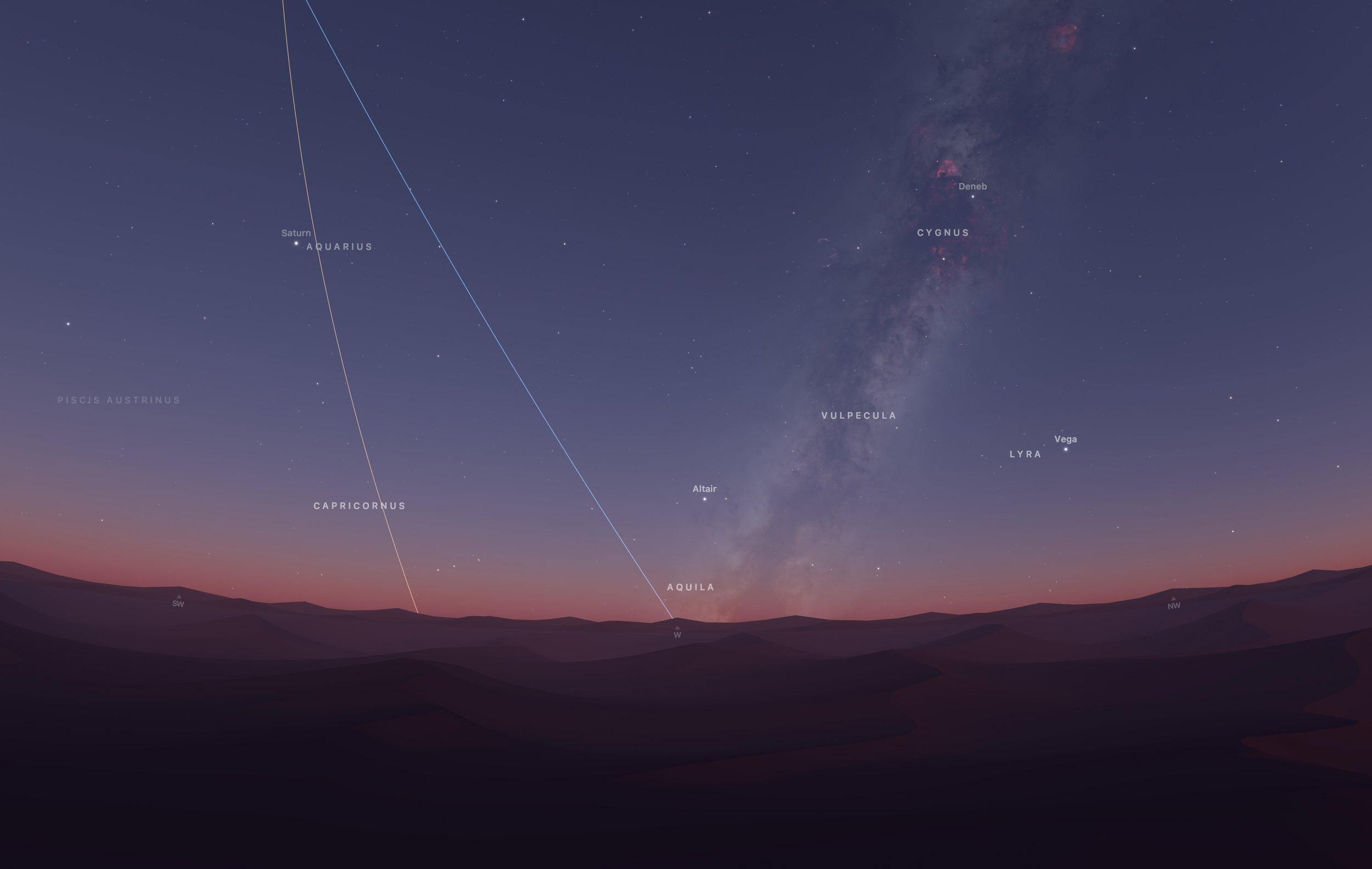 Screenshot of astronomy program facing west showing Saturn and the Milky Way setting towards the horizon