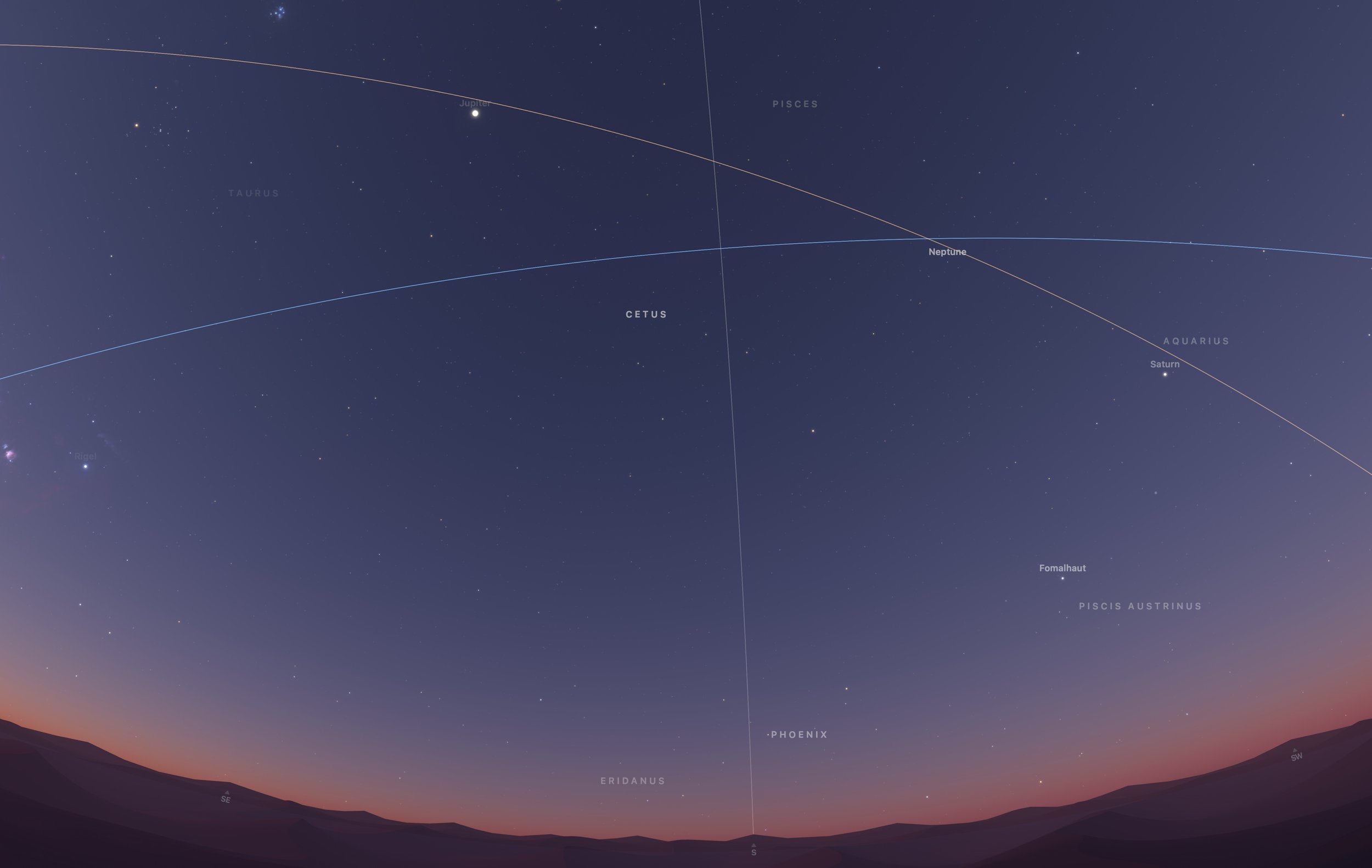 Screenshot of astronomy program facing south, showing Jupiter rising to the midheaven and Neptune and Saturn setting below the celestial equator toward the west