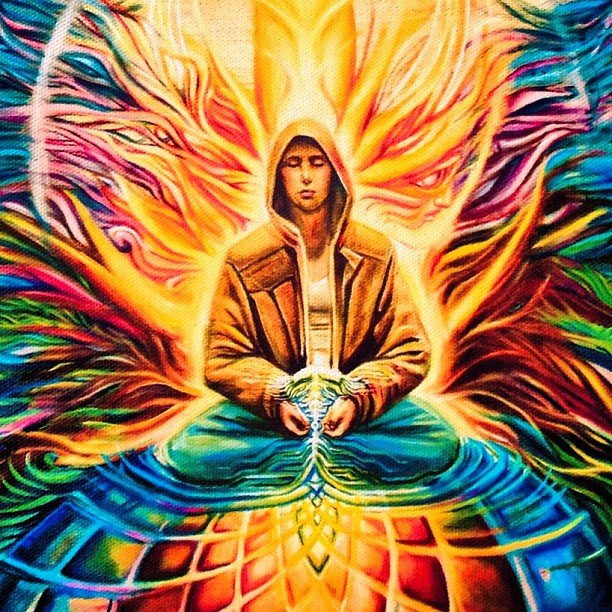 A vivid psychedelic painting of a white man in a hooded jacket sitting in the lotus position on top of some kind of cosmic pinecone emitting flames with faces
